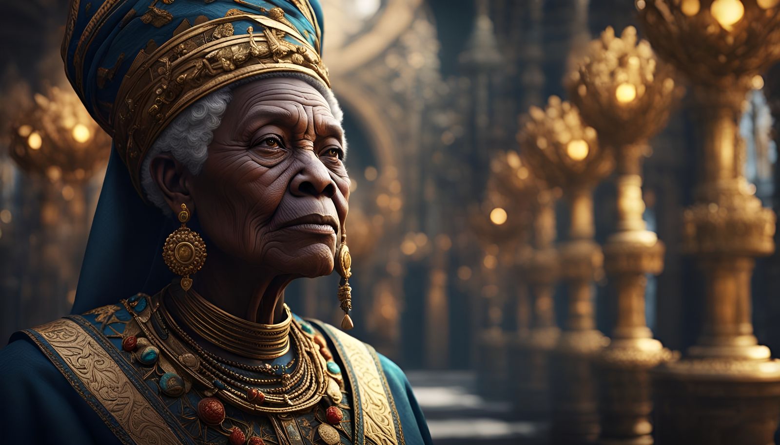 Close-up photo of Old female advisor to the African king. She is old and beautiful.