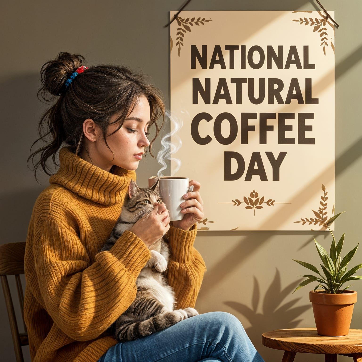 A girl with a cat is drinking coffee, and a poster says "National Natural Coffee Day." Hyperrealistic, ...  by @Sergio777