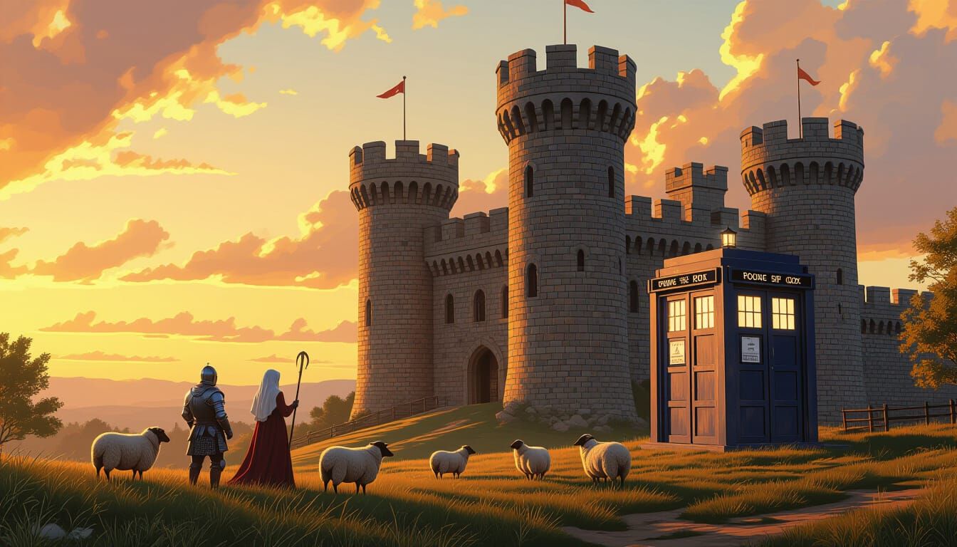 A medieval castle with battlements and armored knights, a shepherdess tending sheep, and, to the right of the image, a perfectly recognizabl...