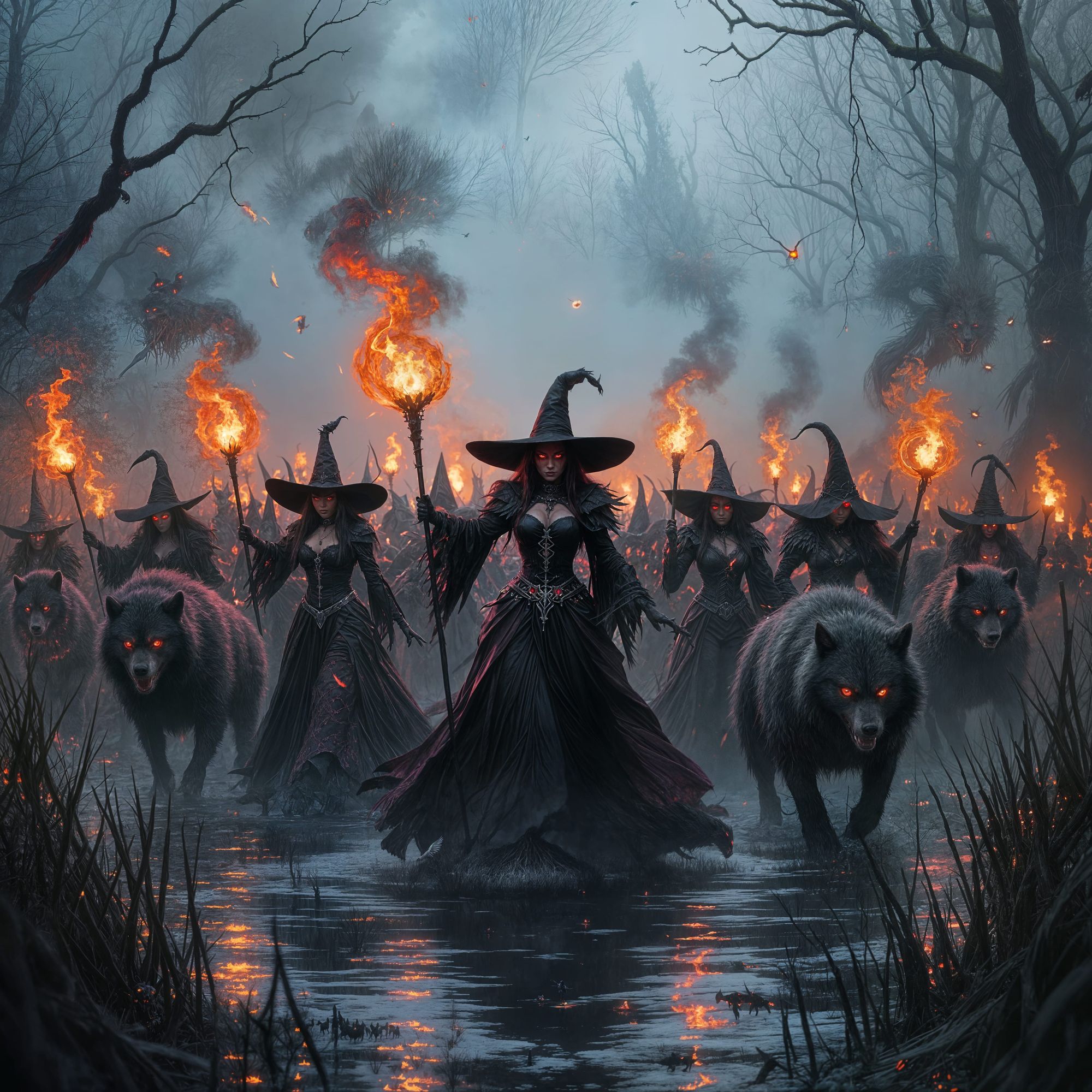 A giant army of evil witches, evil fairies with black wings dressed in black,red, and purple have red eyes and cruel faces, rise from hiding...