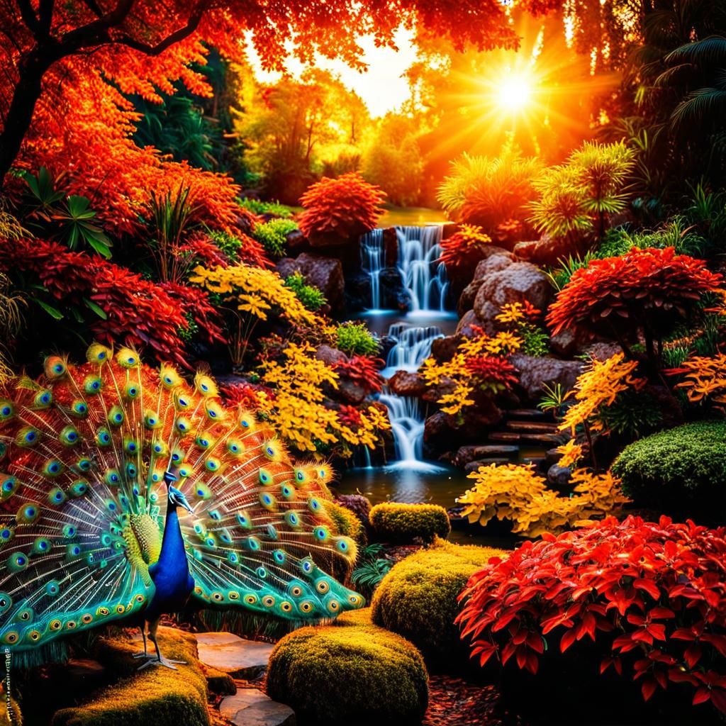 Colorful peacock in autumnal garden  by @Alan Elsam