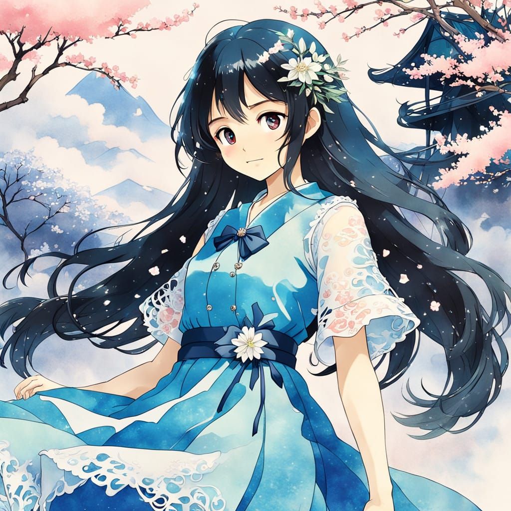 Whimsical Anime Goddess in Elegant Blue Dress with Cherry Bl...