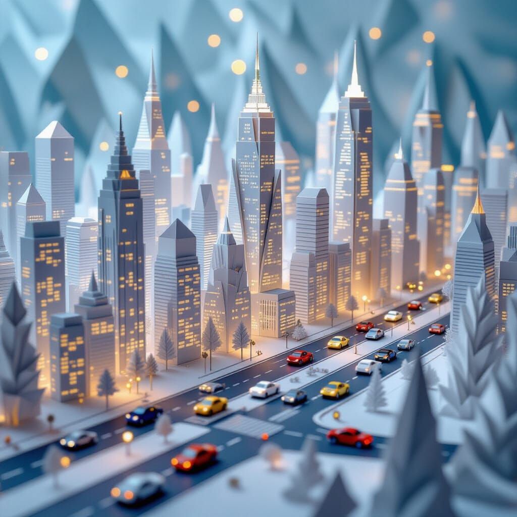 Origami Cityscape with Magical Lighting