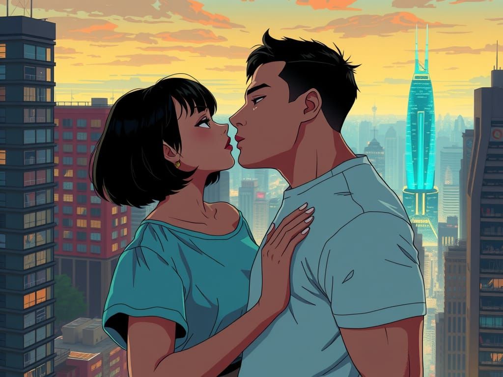 Retro-Futuristic Cityscape: Tender Moment Amidst Neon Metrop...