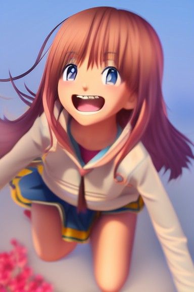 Smiling anime girl manga brown haired blue eyed keychain | Zazzle