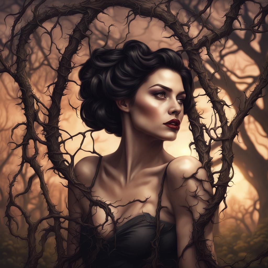 Cursed by a witch Pin up brunette woman slowly turning into ...