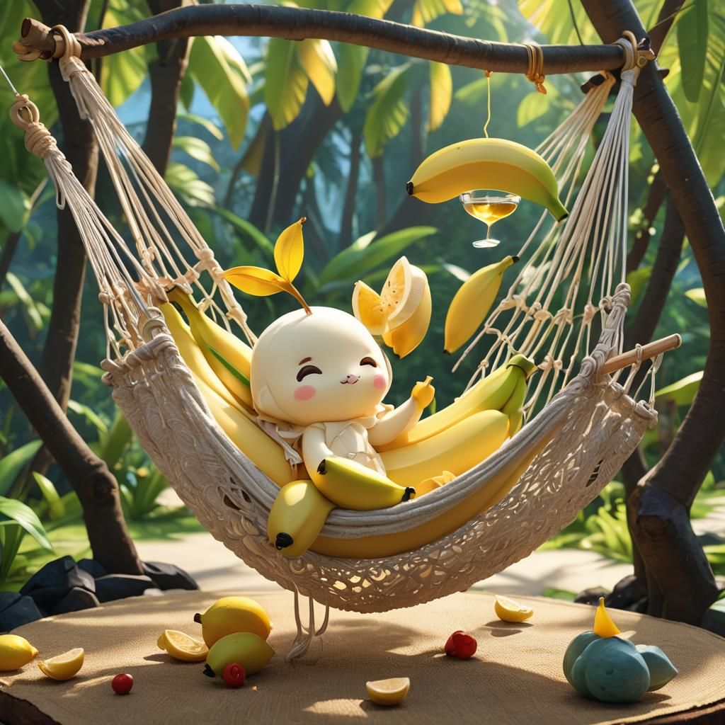 Cute chibi banana fruit lying in a hammock, drinking a flamb...