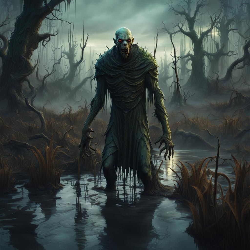 A terrifying ghoul in a haunted swamp