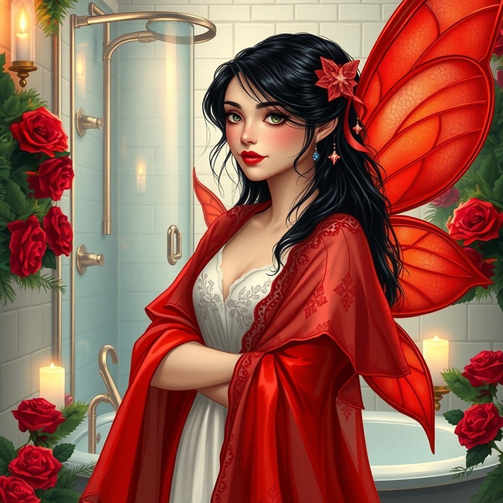 Eve - Fairy in Festive Bath Amidst Greenery and Roses, in Wh...