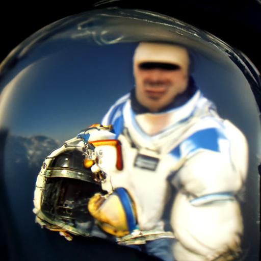 An astronaut holding his helmet with a blue sky in the backg...