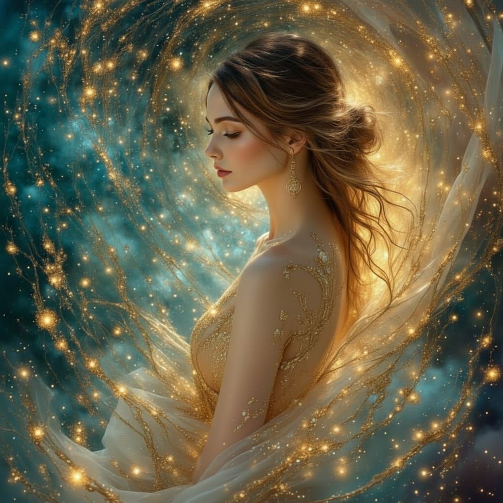 Sensual Goddess with Golden Tattoos in Starry Sky