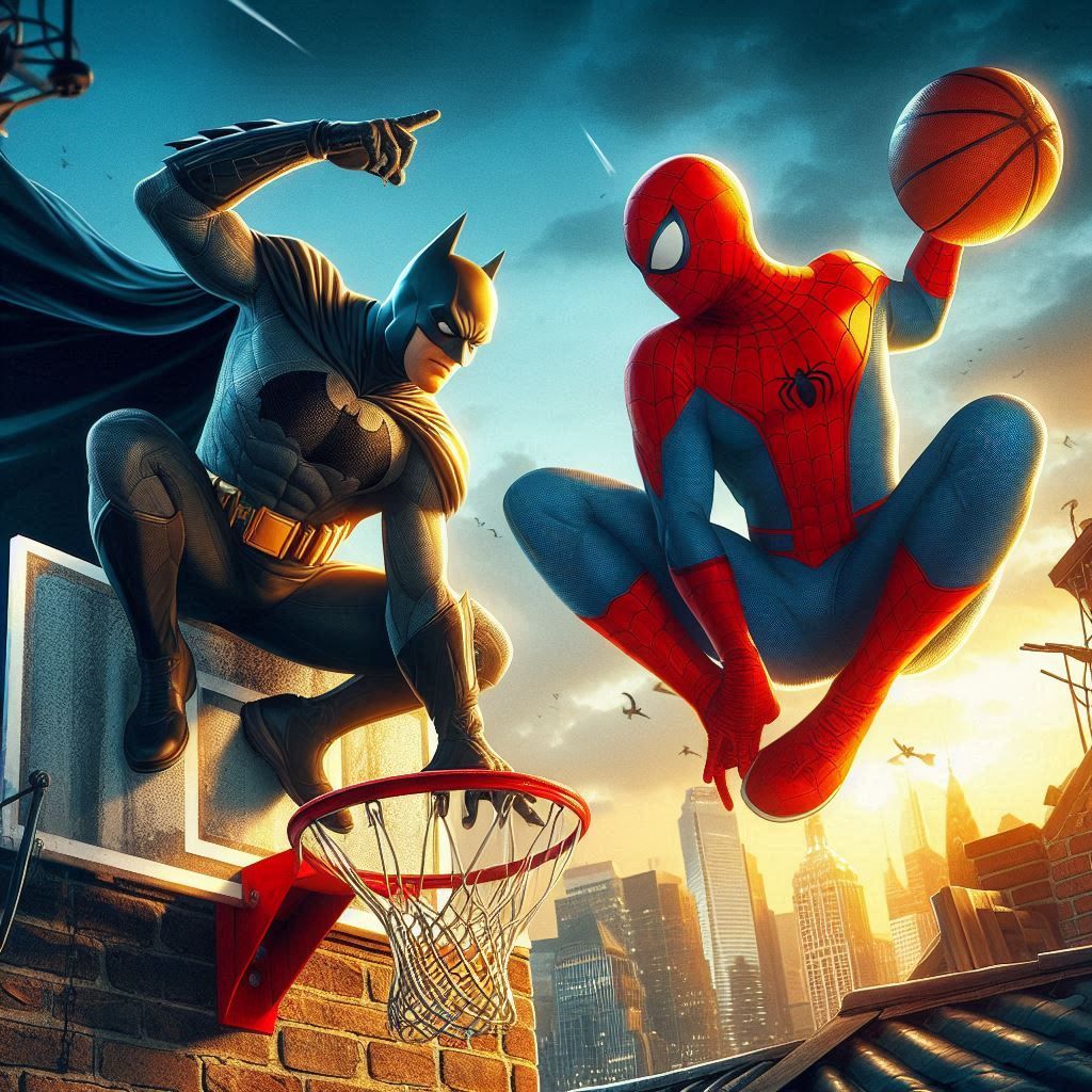 Batman and Spiderman playing basketball
