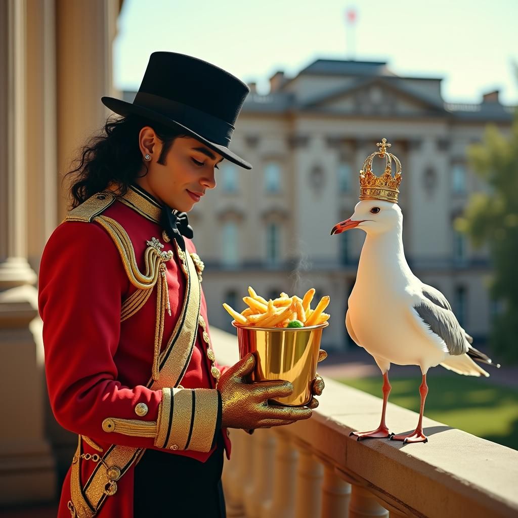 Michael Jackson serves a golden bucket of fish and chips with mushy peas to a friendly crown-wearing royal seagull on the balcony at Bucking...