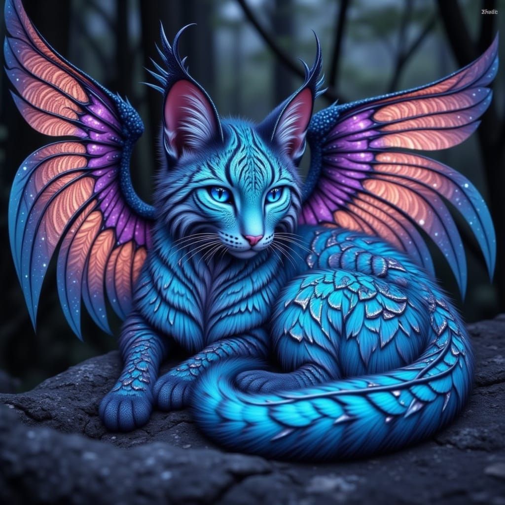 <lora:Pure Fantasy Cats:1.0> Fantasy art style. A magnificent fantasy cat with iridescent metallic light blue metallic shimmering wings and ...