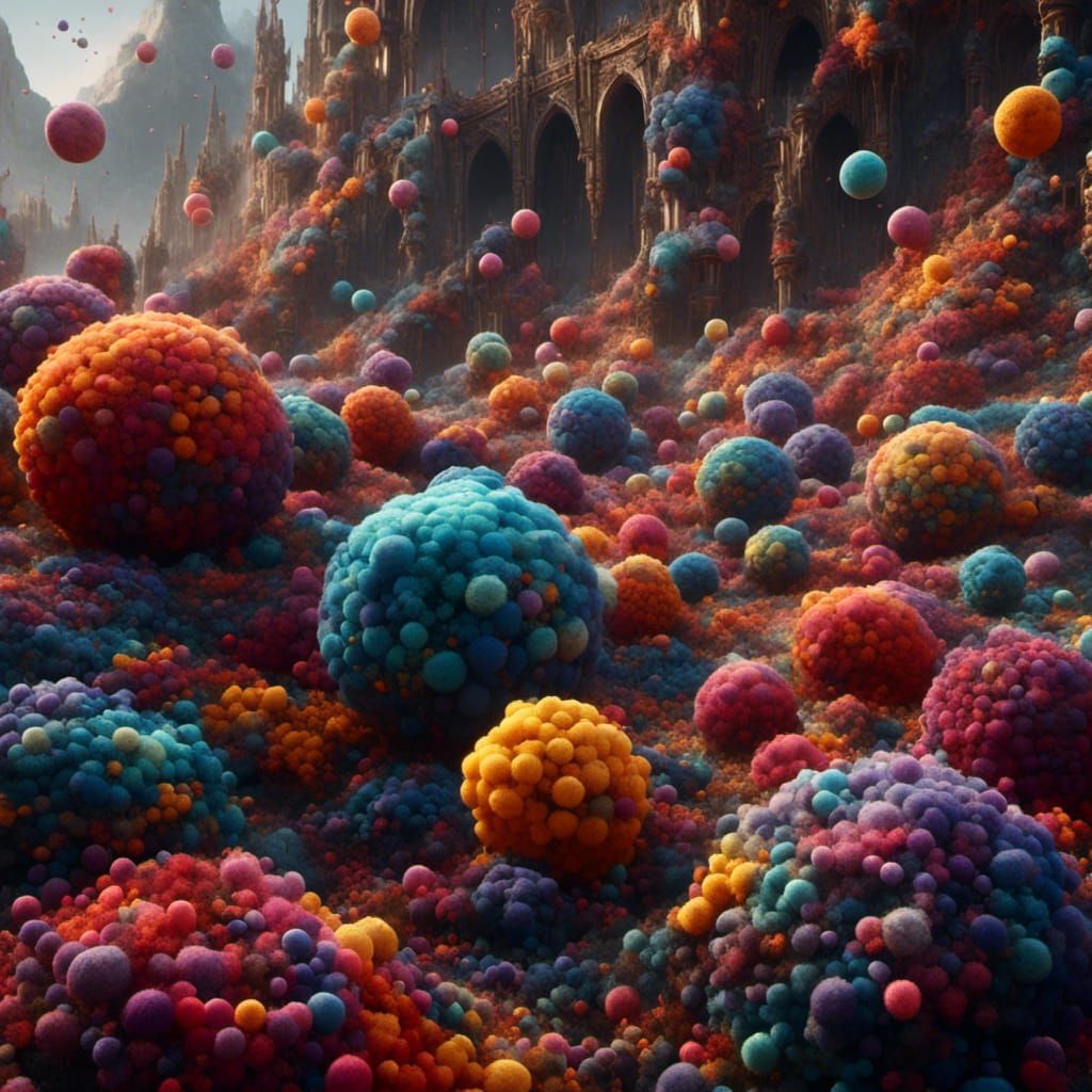 <lora:NC Hyperreal:1.0> <lora:Colored Smoke:1.0> Many multicolored round balls stacked around  dreaming different colors