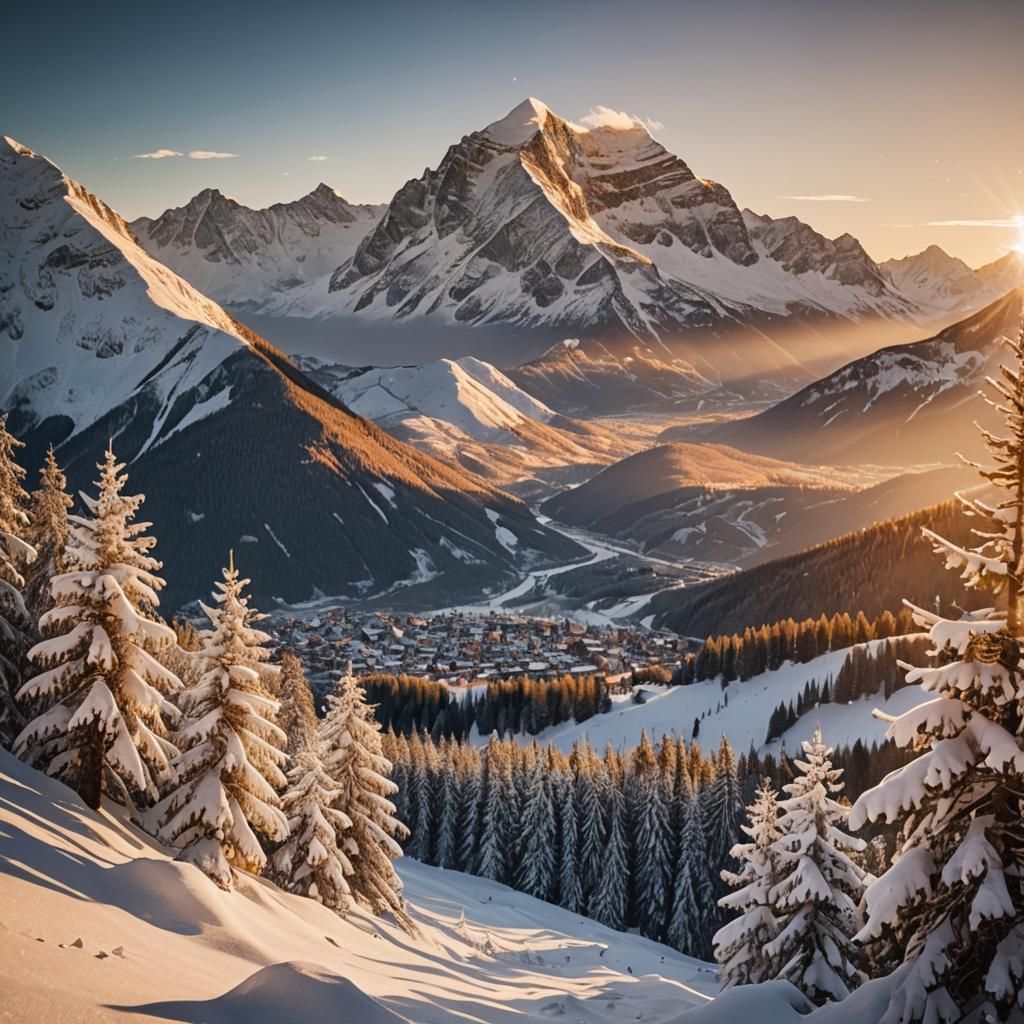 Majestic Sunset Over Snow-Capped Alpine Mountains