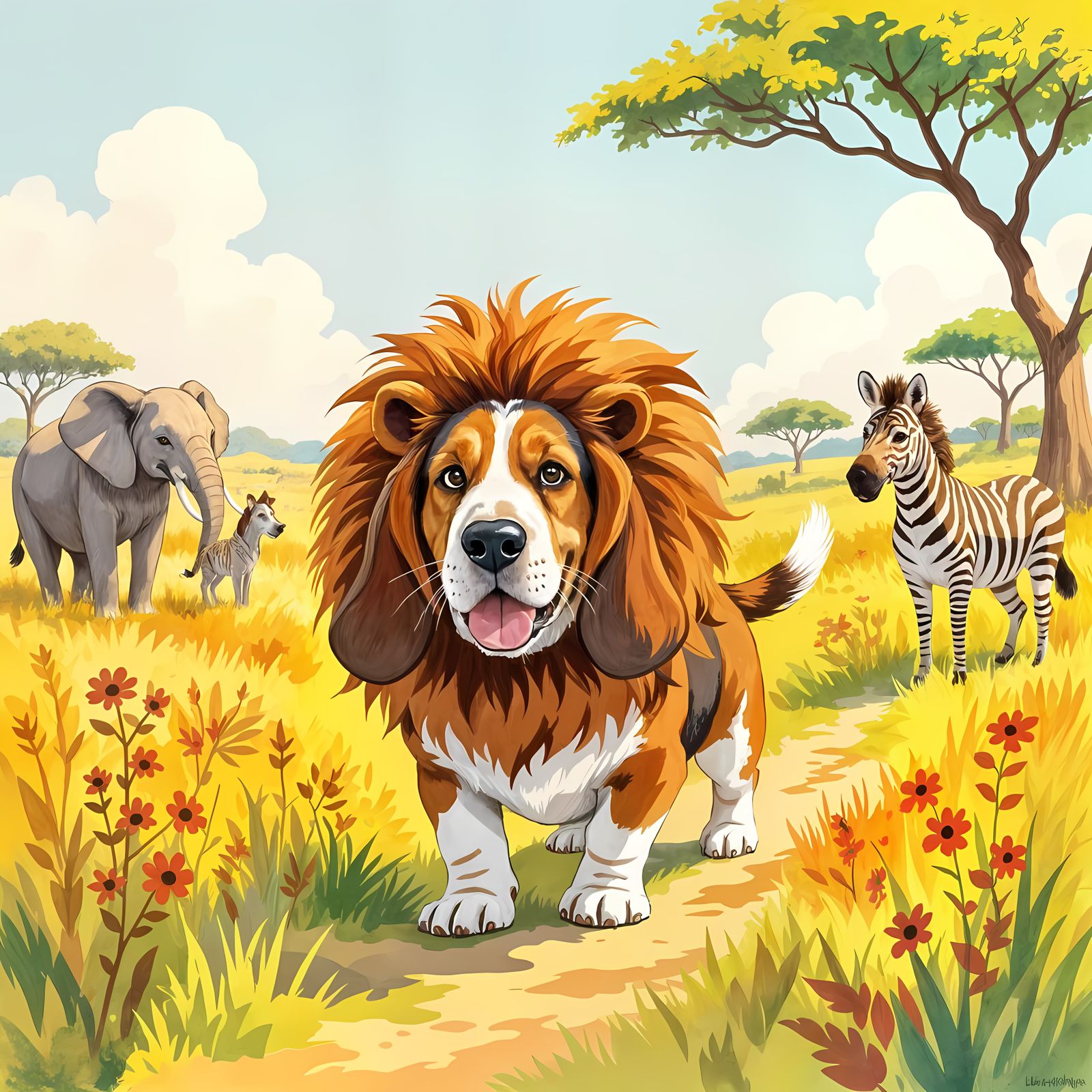 A mischievous Basset Hound wearing a convincing, oversized lion's mane costume, playfully stalking through ...  by @MARIUS CHIVU