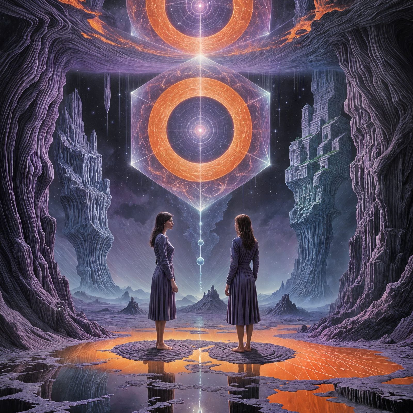 For the "Purple & Orange" challenge, picture a colossal, bioluminescent tesseract floating serenely within ...  by @Benny