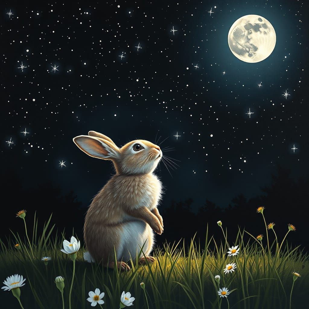 Little bunny and the Moon in starry skies   by @Akane 