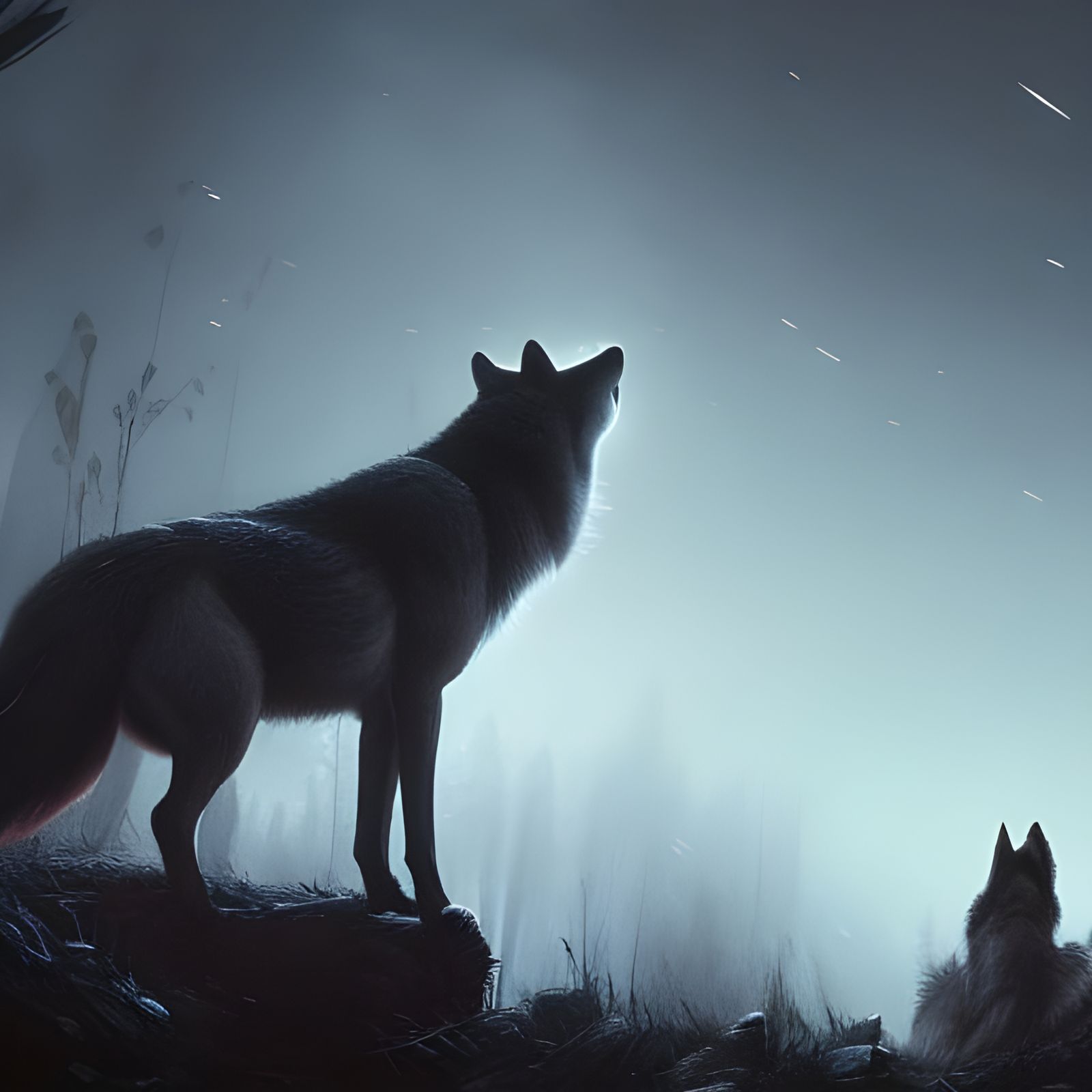 realistic wolf looking into the night sky