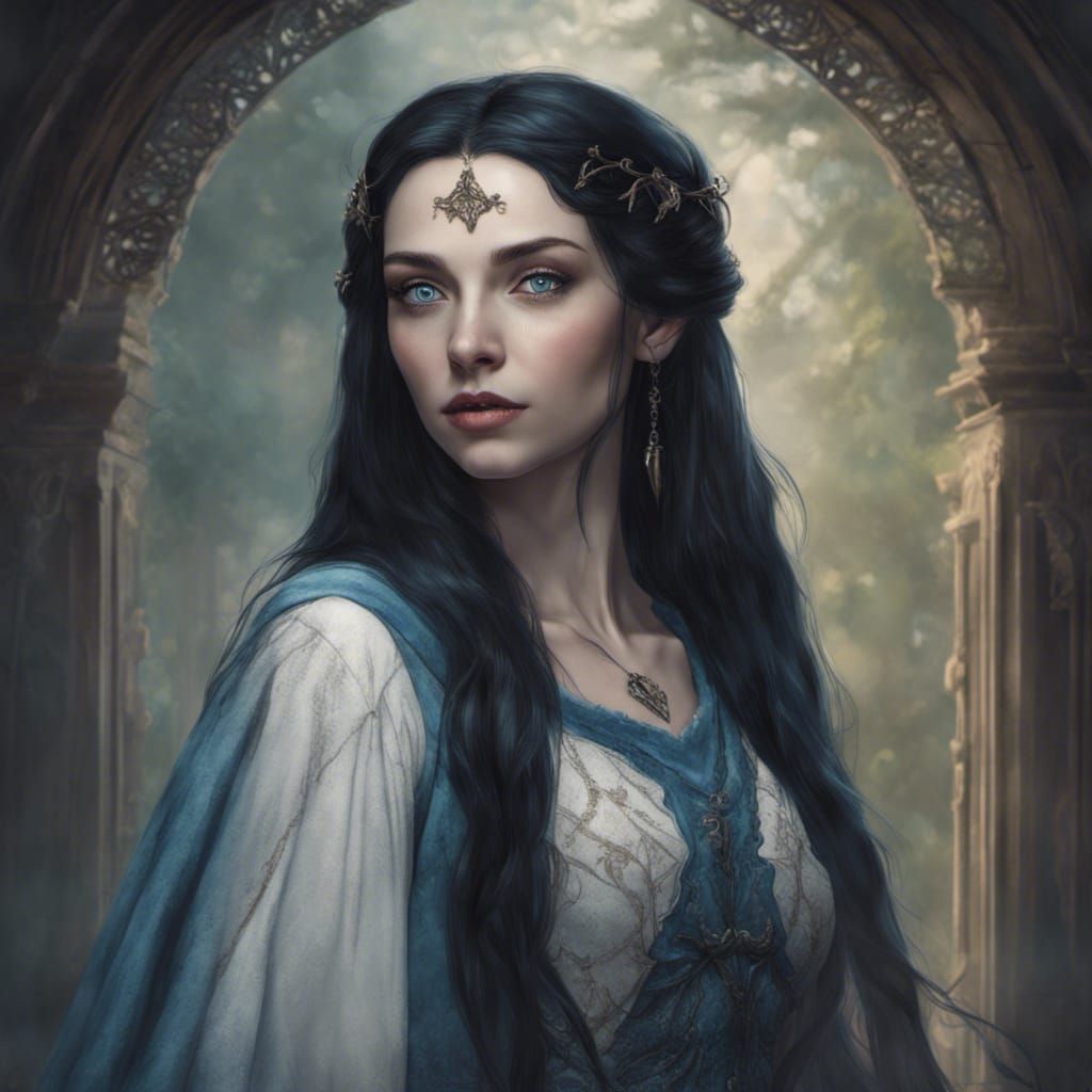 formal portrait of elf woman with long black hair and dark blue eyes ...