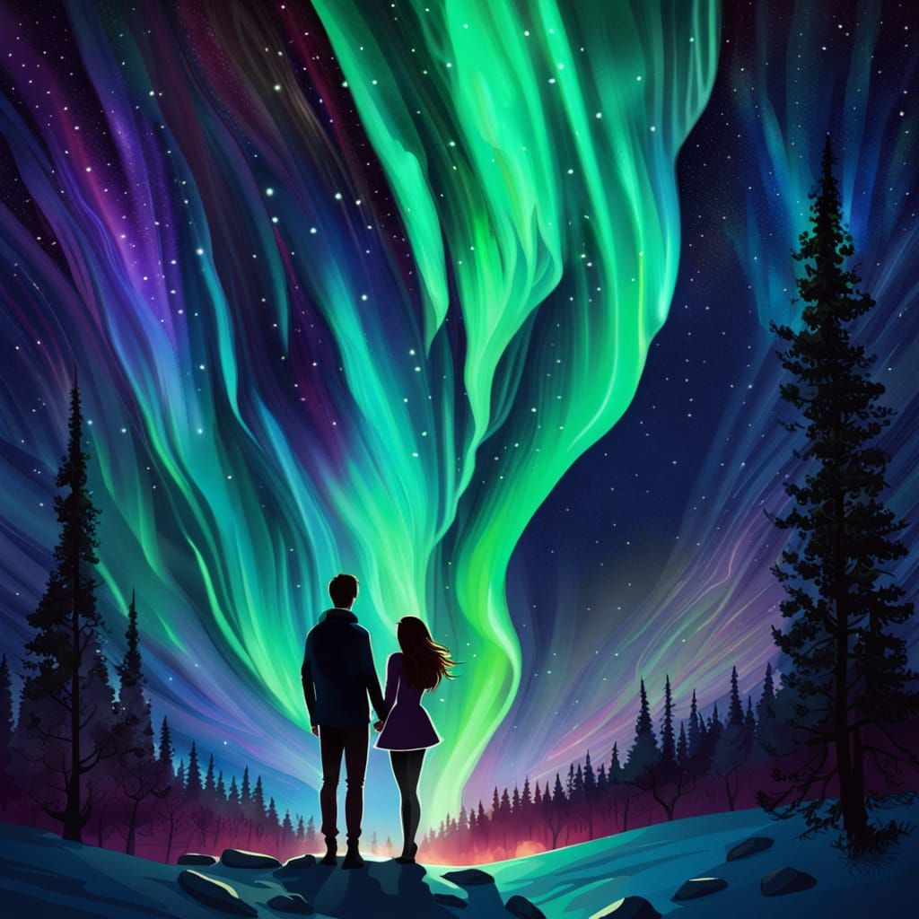 Aurora Borealis, sky stars, forest, couple in love looking - AI ...