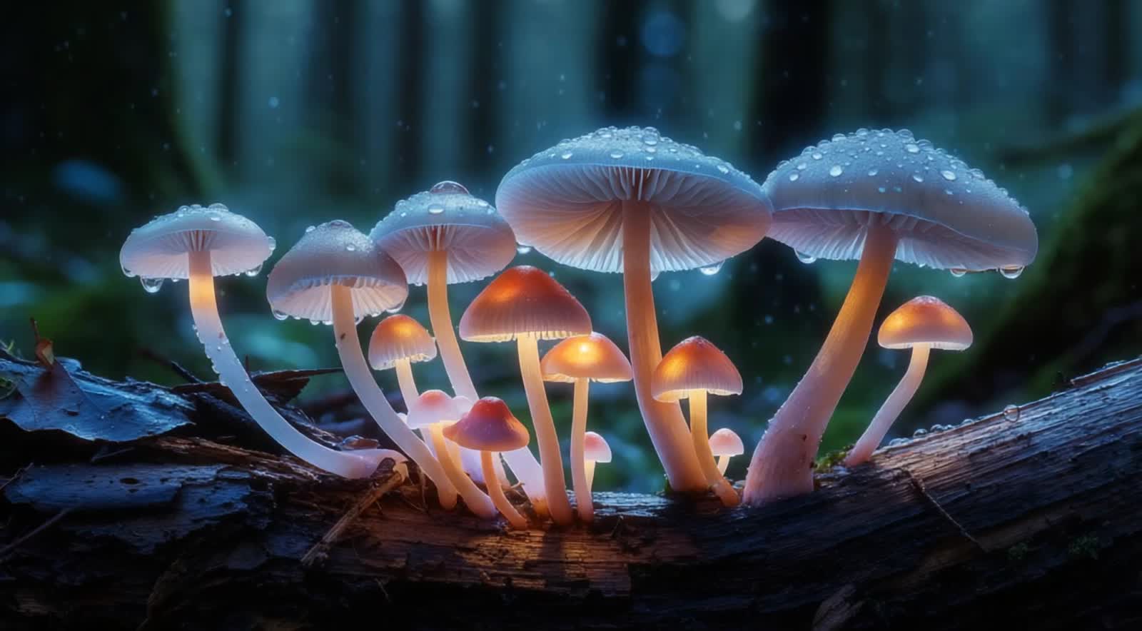 An ultra-detailed close-up of a colony of bioluminescent mushrooms growing on a decaying log in a dark forest.  Some fai...