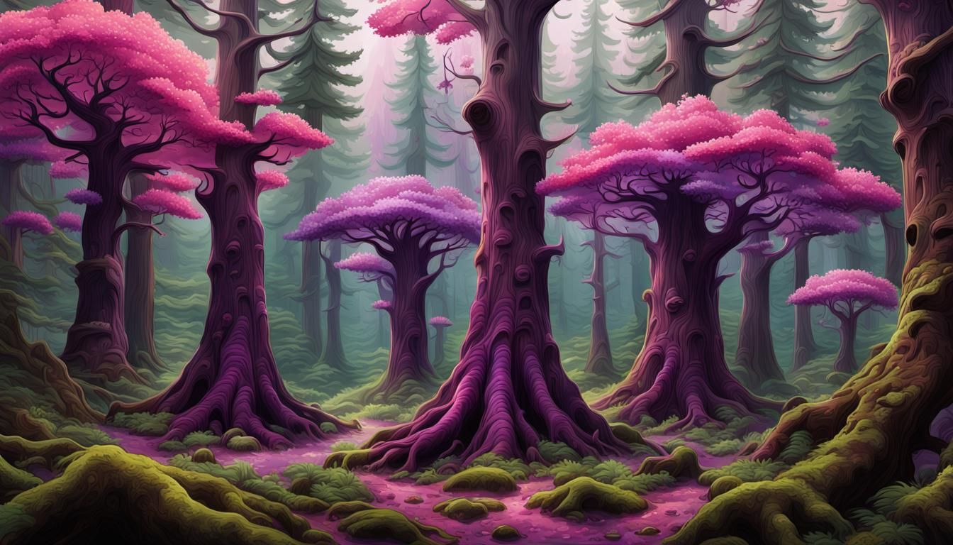 Photorealistic. Realism. A forest with Maple trees and spruc...