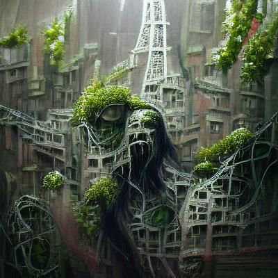 Overgrown city covered in vines and moss