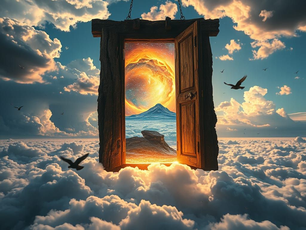 Visualize a surreal, hyper-realistic scene of a colossal wooden door suspended in an endless sky, its ...  by @JuiceBox