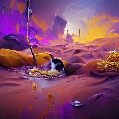 A cat eating spaghetti on Mars