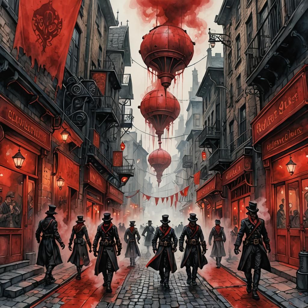 A misty alley with red-painted steam vents hissing.