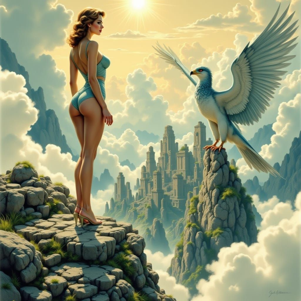 Pin-Up Model & Griffin Over Ancient Ruins in Watercolor Styl...