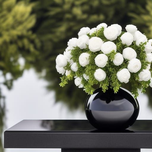 black onyx vase filled with white flowers