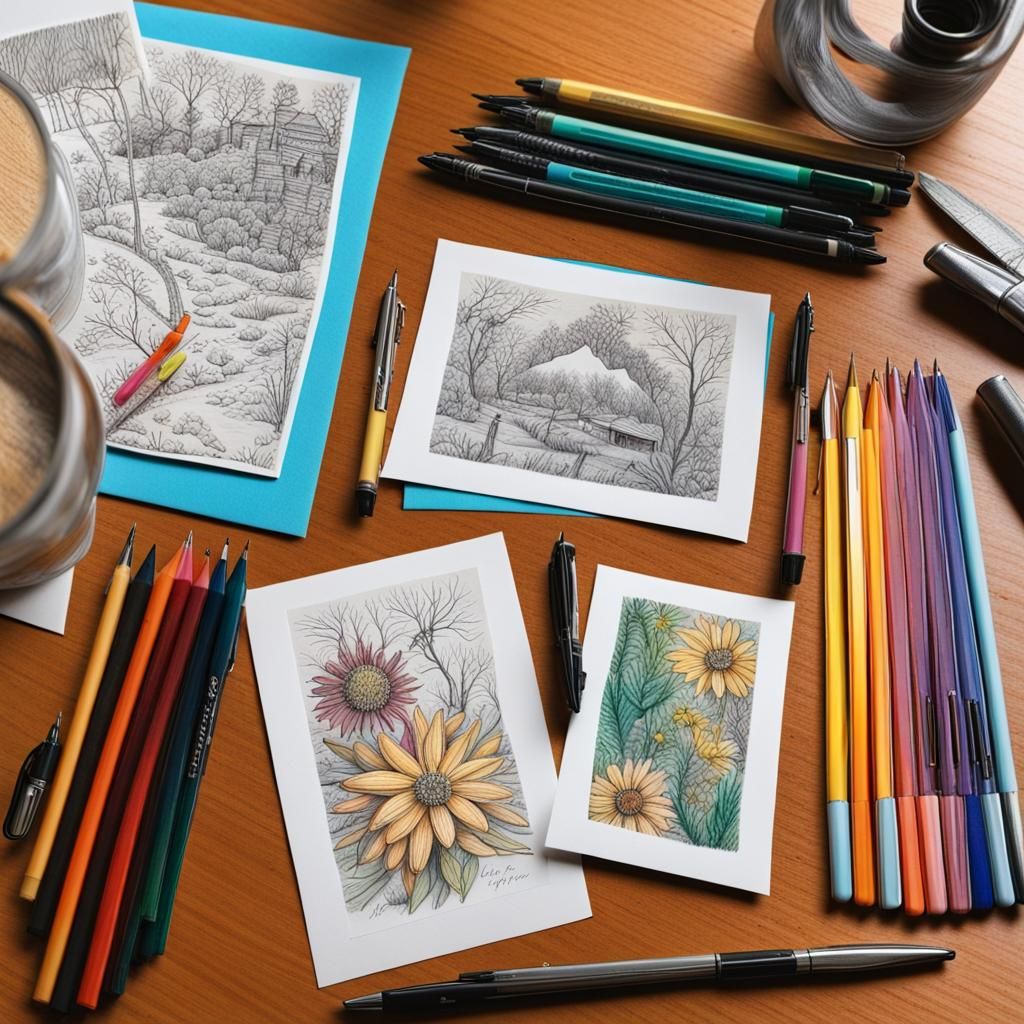 Hand drawn postcards , colored pencils ,pens on a table, postcards  by @Eos Creations