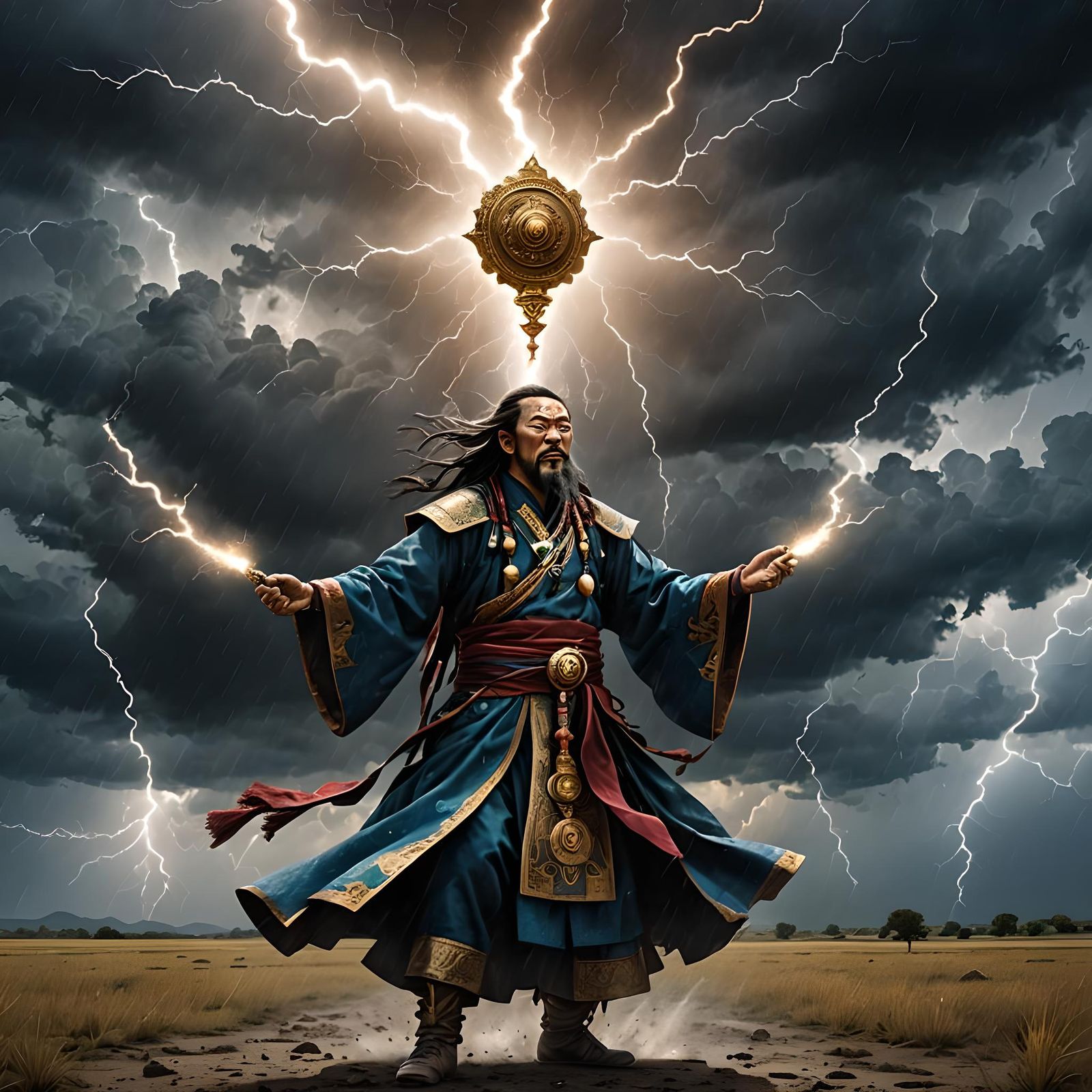A modern wizard in a flat field holding a Tibetan vajra in K...