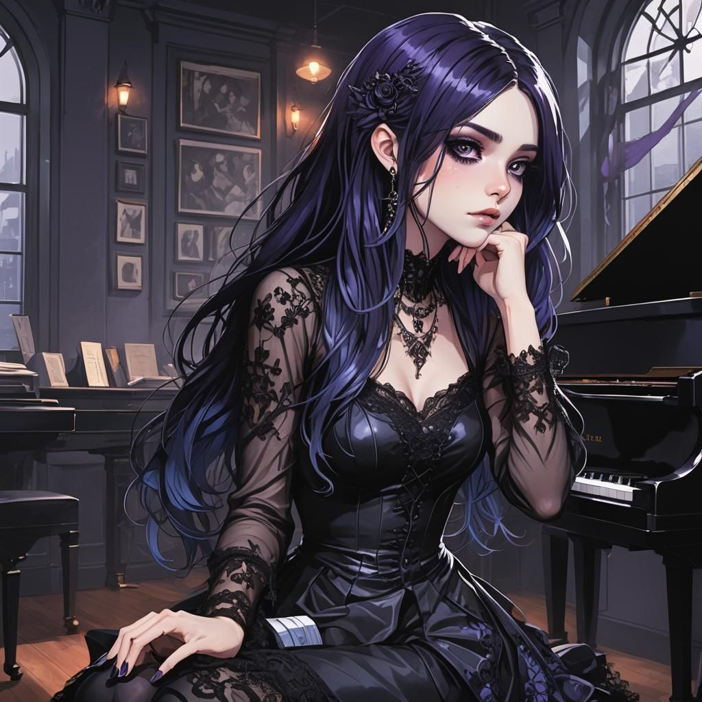 Create a dark fantasy anime style illustration of Brooke, a moody and sarcastic petite goth girl, in a modern setting. She is seated at a gr...