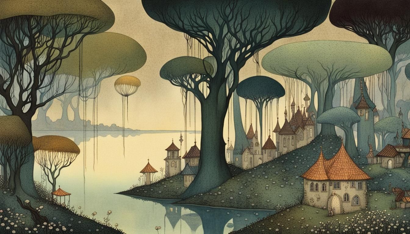 16k resolution, art by Kay Nielsen, Edmund Dulac. Fairy tale village ...