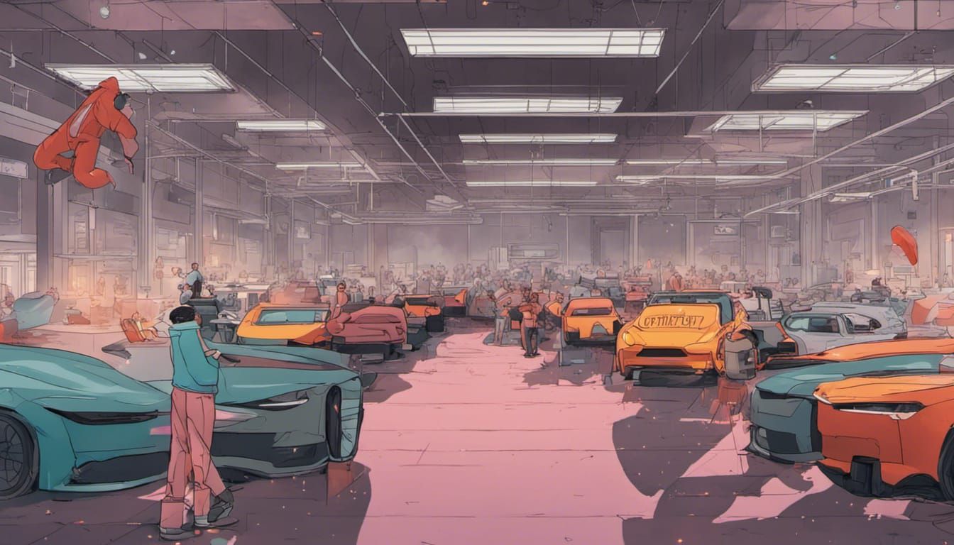 in the background inside the Tesla factory.  in front of a b...