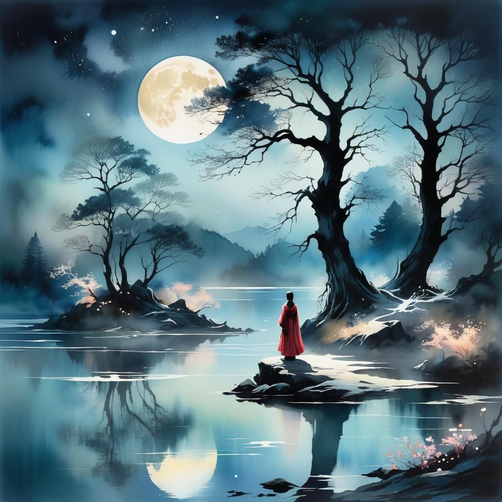 Lone Figure in Dreamlike Moonlit Fantasy Landscape