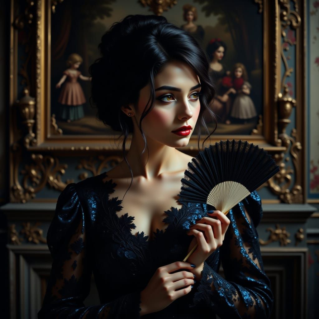 Gothic Beauty in Palace Holding Lace Fan