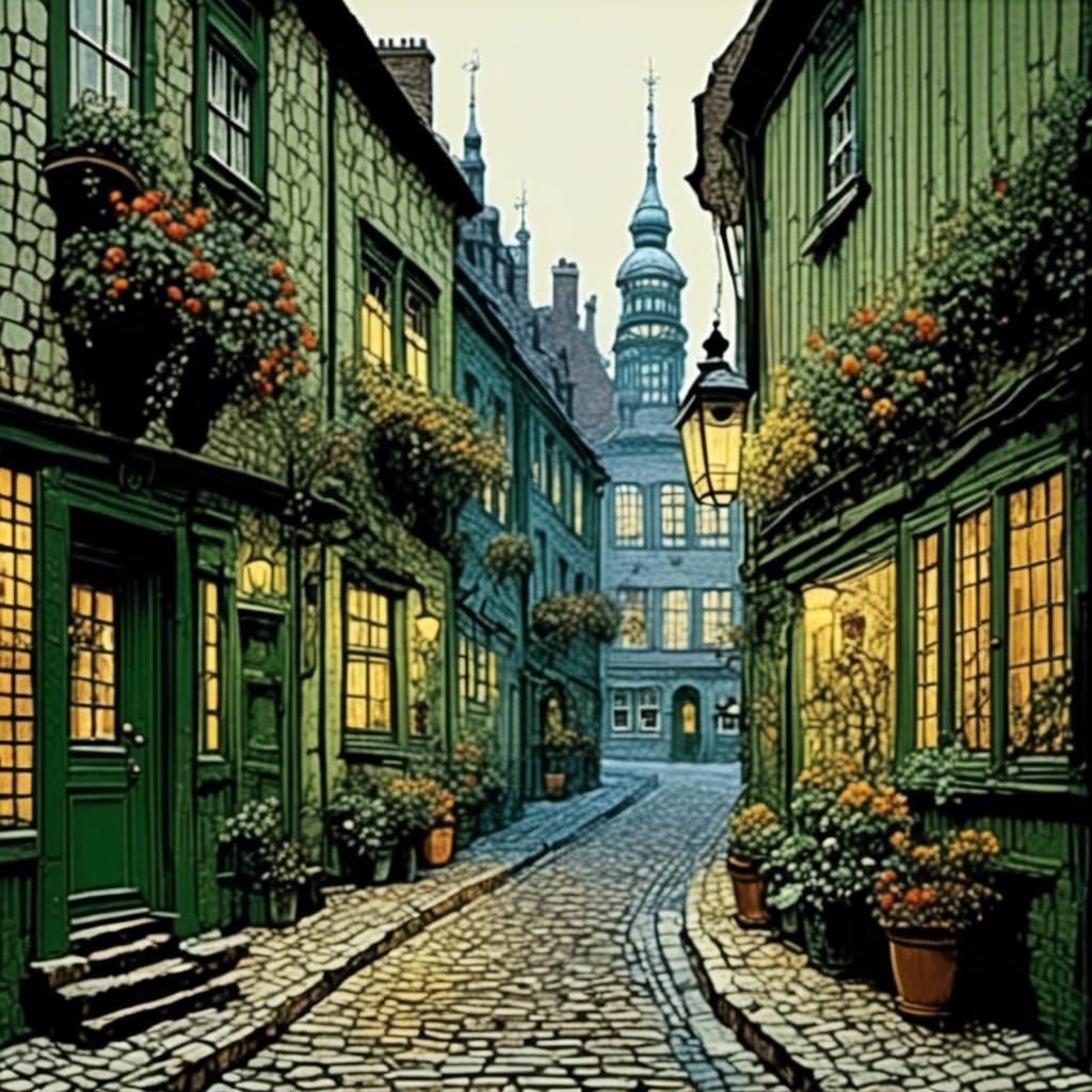 small narrow alley in the old town in a northern German port city, by John Atkinson Grimshaw and Mattias Adolfsson, meticulous, intricate, e...