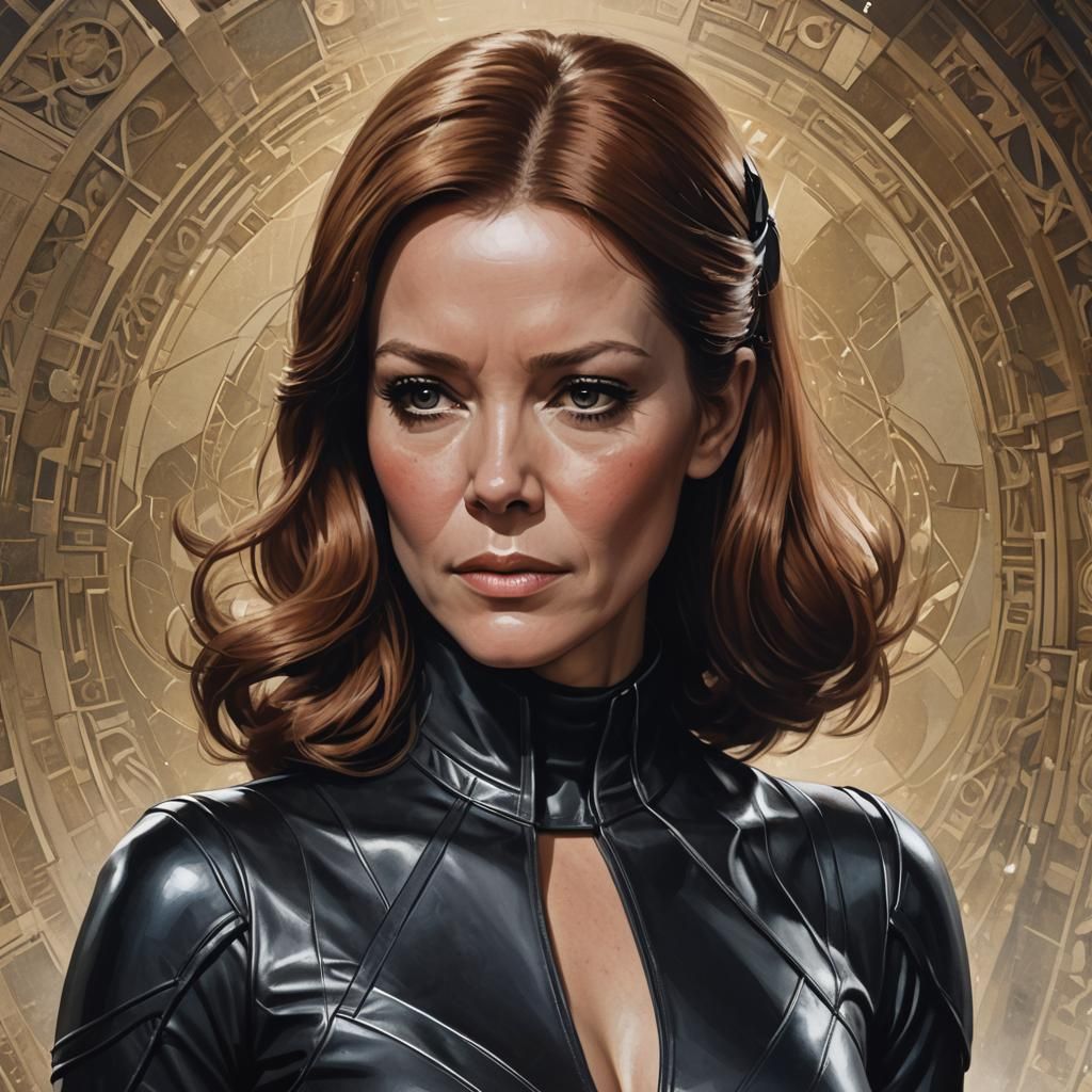 Diana Rigg as Emma Peel dressed i a leather catsuit in the Avengers.