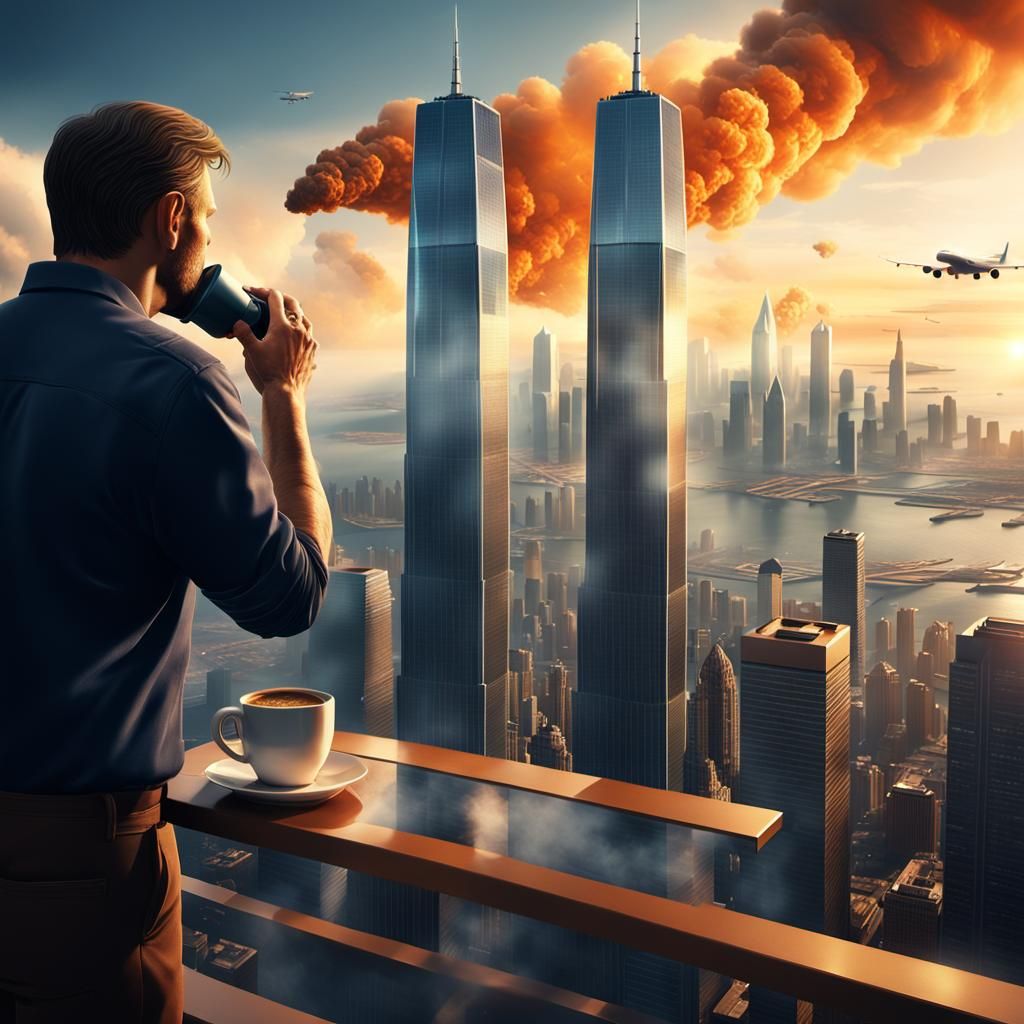 Man Enjoying Coffee on Twin Towers Rooftop as Plane Almost H...