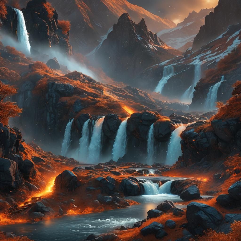 Surreal Switzerland Landscape with Fire and Hail Waterfall