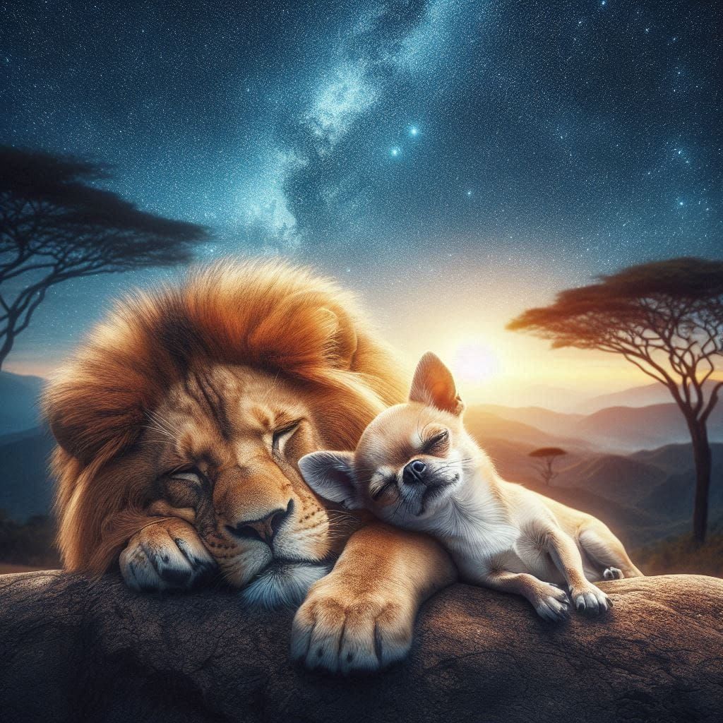 Chihuahua sleeping with lion