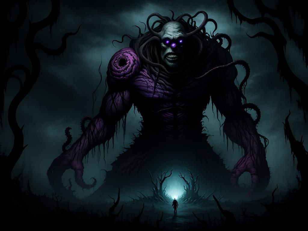 A nightly dark forest Beholder Big eye tentacles creepy night clouds ...