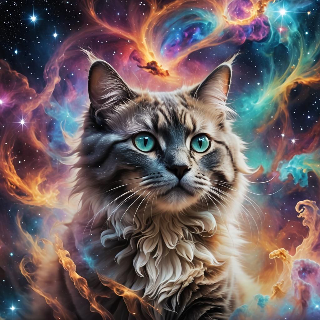 An illusory cat crafted from a cosmic nebula. The cat's form...