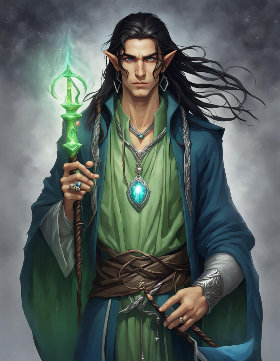 A handsome, thin male elf wizard with long braided black hair with ...