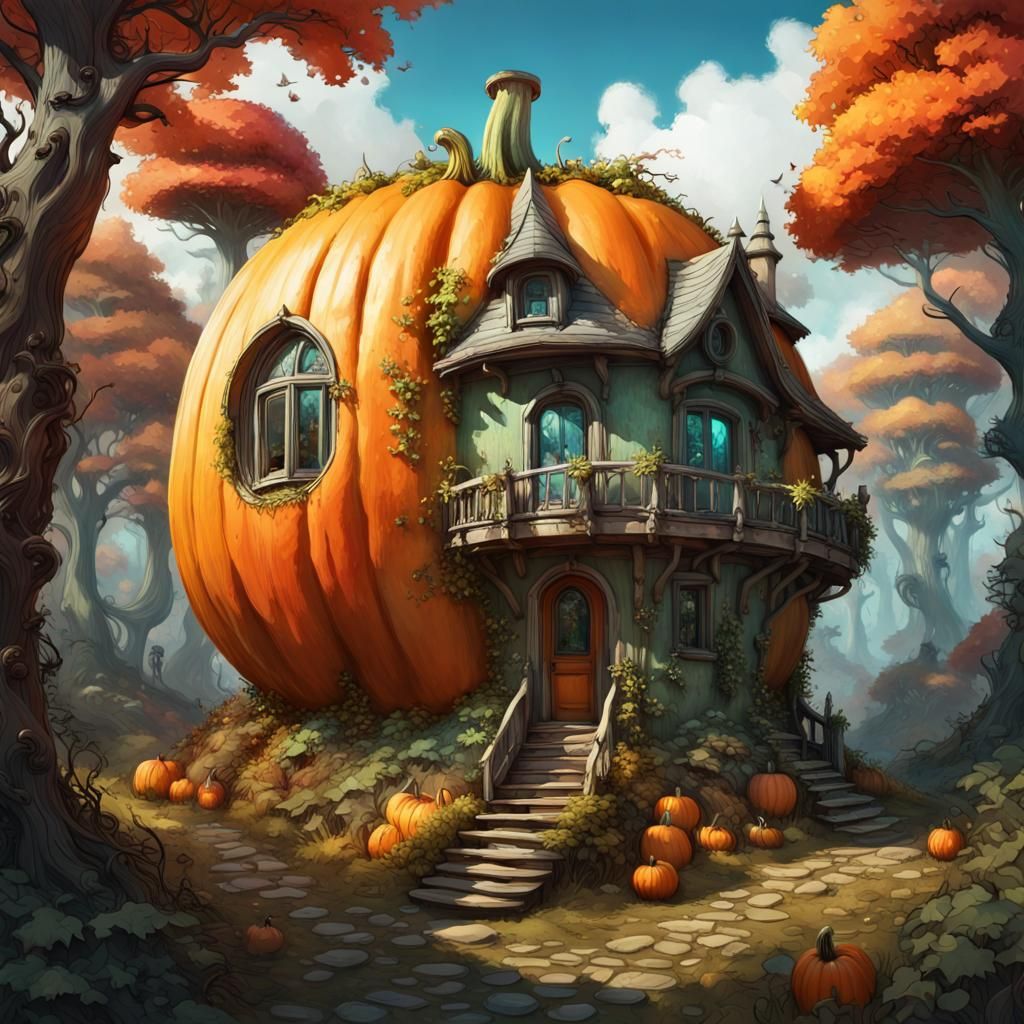 a cute round pumpkin-shaped house in a fantasy forest, trees, A breathtaking masterpiece fantasycore ...e  by @Summerchild